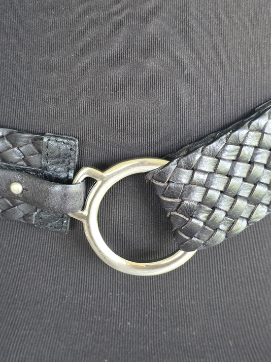 Vintage Y2K Braided Black Woven Leather Belt Silver Ring Buckle Festival Vibes main image 4